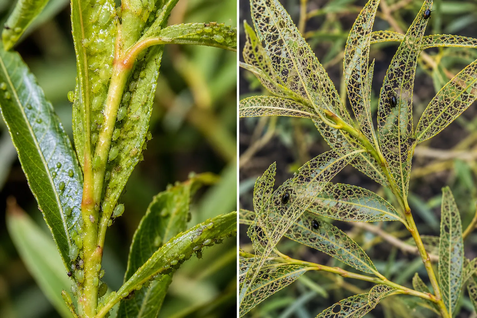 Side-by-side weeping willow comparison showing green aphids clustered on new growth beside a leaf skeletonized by willow leaf beetles