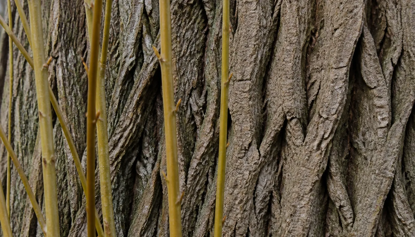 Deeply furrowed gray-brown bark in long vertical ridges on an old willow trunk, with several smooth flexible olive-yellow young shoots hanging in front of it