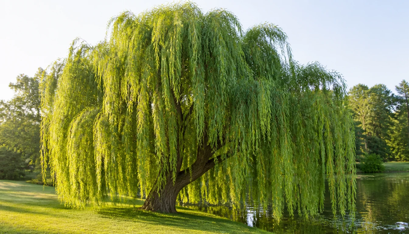 Mature weeping willow on a mown bank beside still water, its long branches hanging in a continuous curtain of narrow pale-green leaves almost to the ground from a leaning furrowed trunk