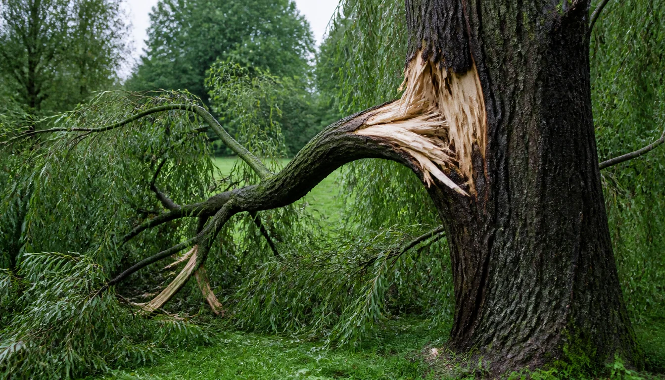 A thick weeping willow limb torn away from the trunk after a storm, leaving a pale splintered fracture of long fibrous wood slivers, with the leafy branch hanging down onto wet grass