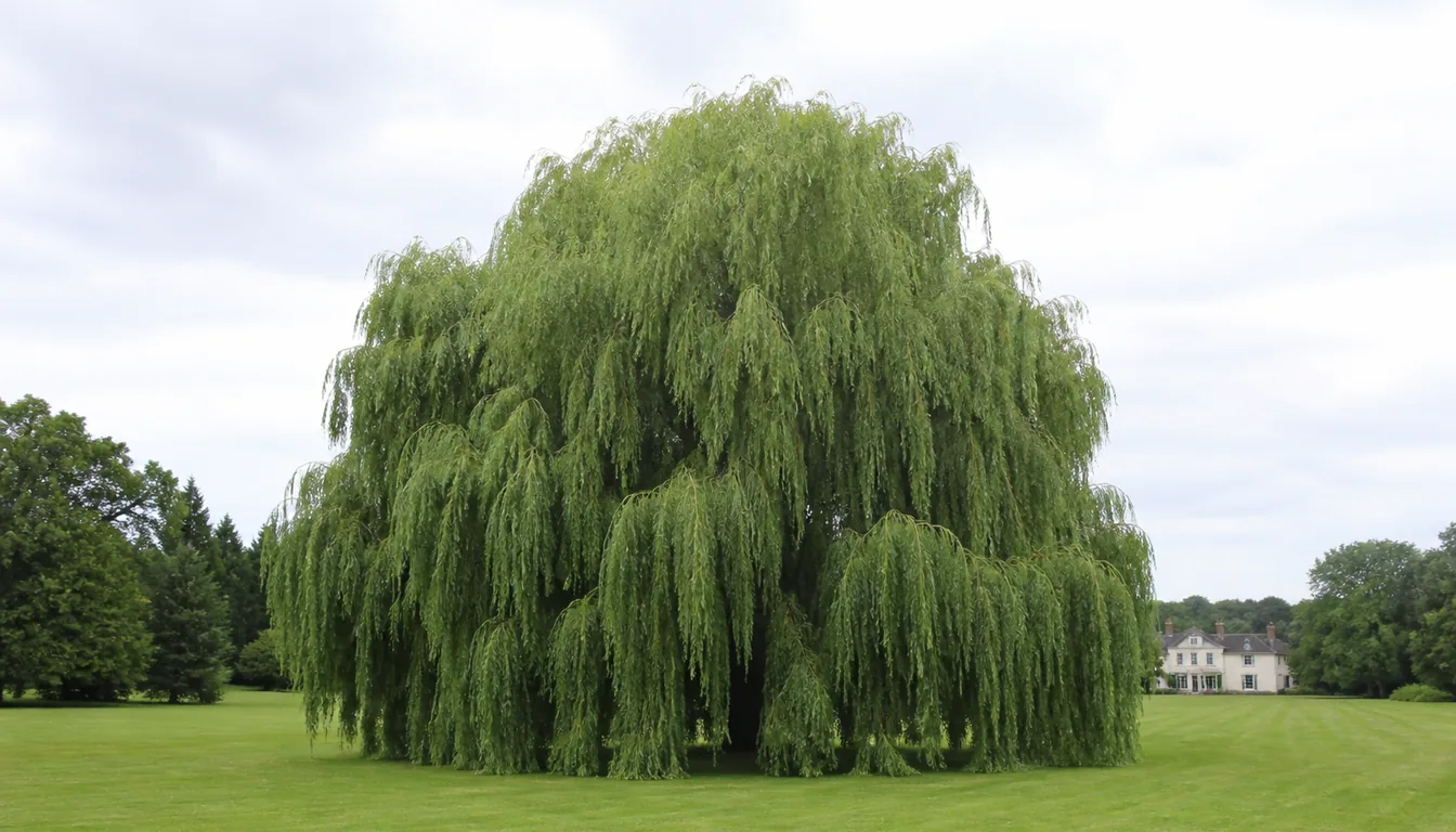A mature weeping willow alone on open mown lawn in summer, its broad domed crown hanging in a continuous curtain of leafy branches down to the grass