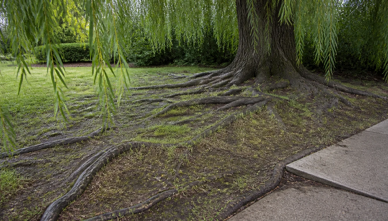 Thick gray willow roots ridging up out of thin worn lawn and running in long low ribs from the base of a weeping willow toward the edge of a concrete path