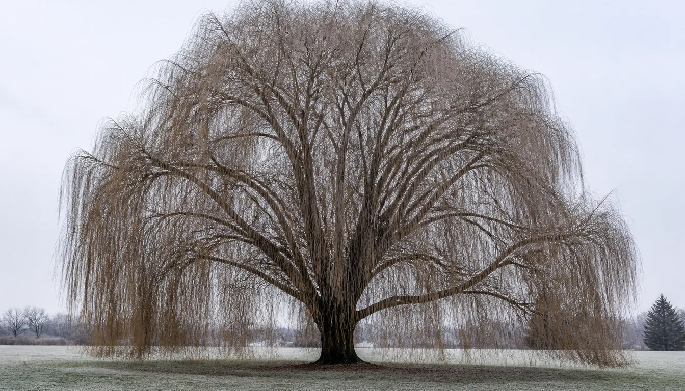 The same broad domed willow bare in midwinter over frosted grass, heavy scaffold limbs radiating from a short trunk under thousands of thin trailing bare shoots