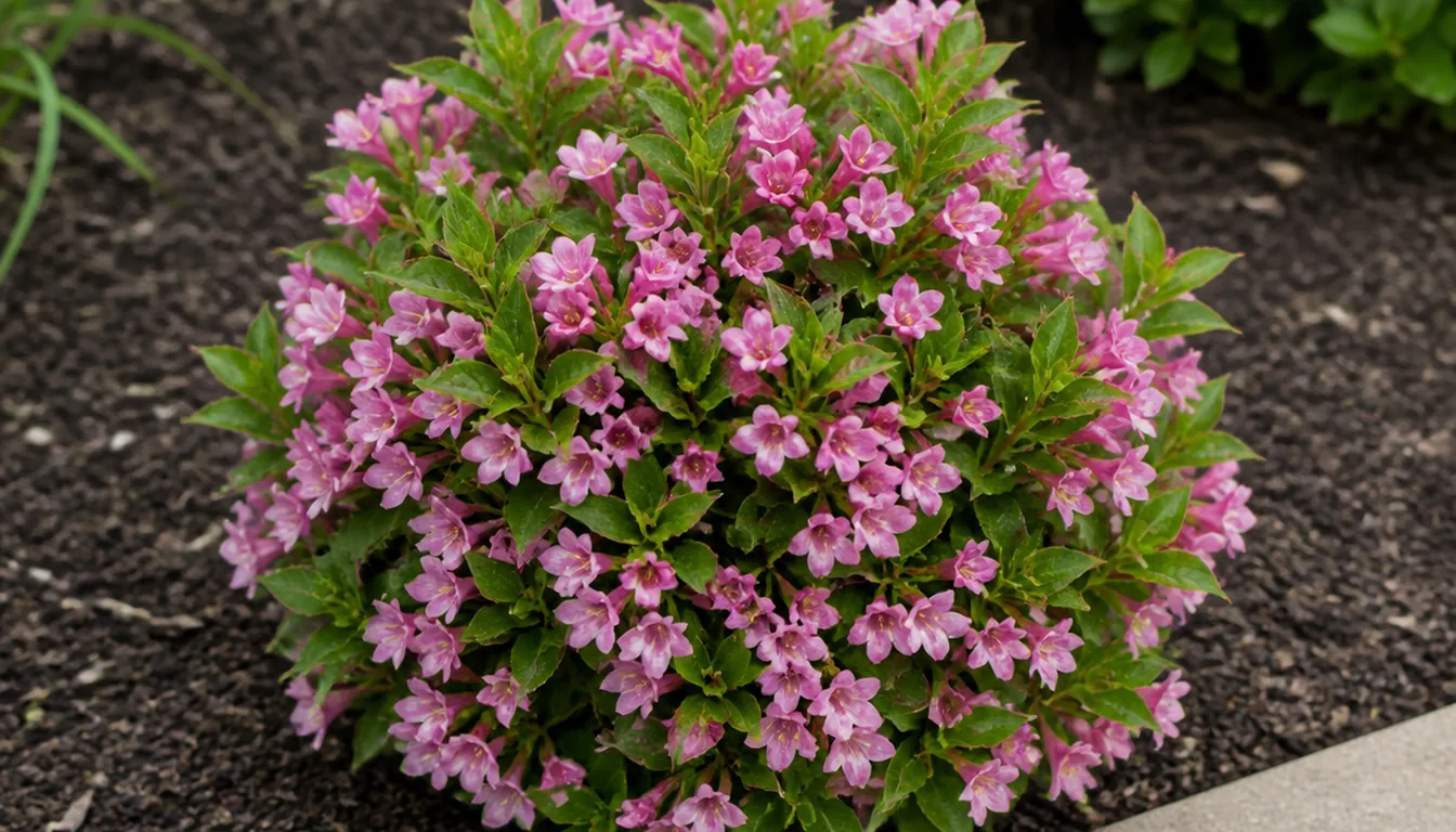 A knee-high dwarf weigela in flower forming a tidy low mound at the edge of a paved path