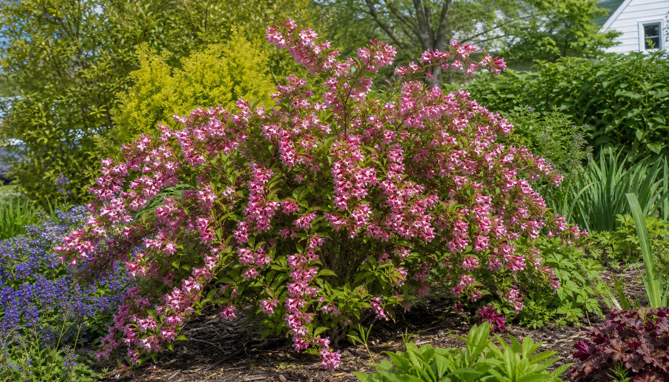 Weigela shrub in full spring bloom with arching branches covered in pink trumpet flowers