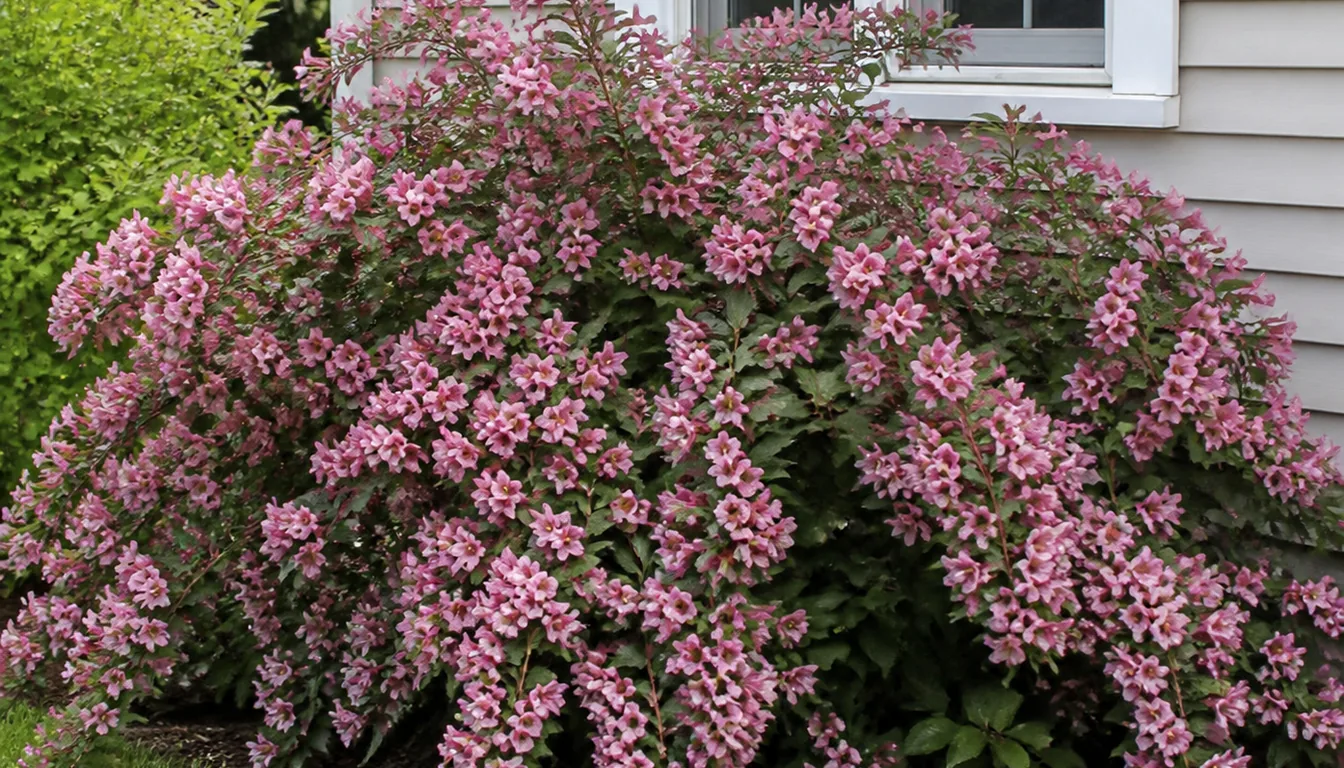 A large weigela in flower reaching a window sill, its long canes arching well past the base