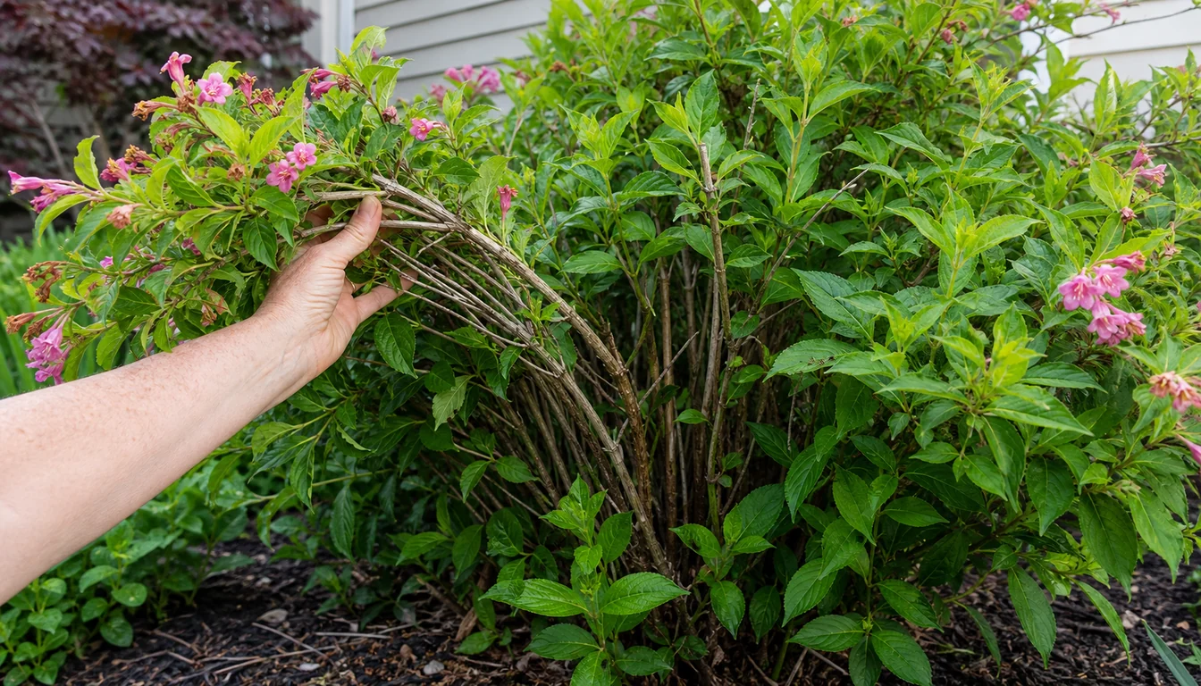 Weigela shrub with sparse flowers on outer branches while a hand lifts stems to show old woody canes inside