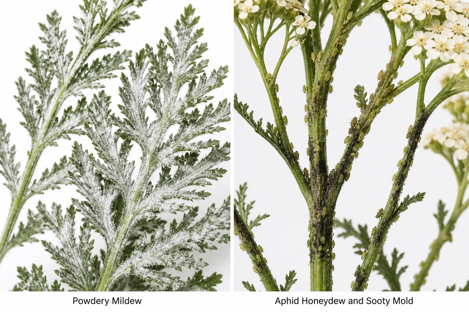 Side-by-side comparison of yarrow leaves covered in white powdery mildew film beside yarrow stems with aphid clusters and black sooty mold