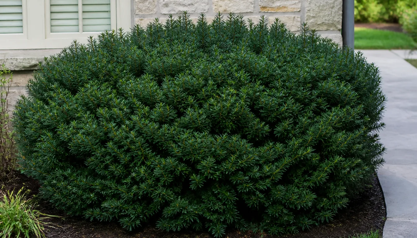 A broad rounded foundation yew about as wide as it is tall filling the space between a window and a walkway