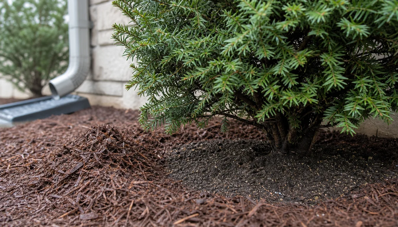 Yew shrub base planted slightly high with mulch pulled away from the crown after rain
