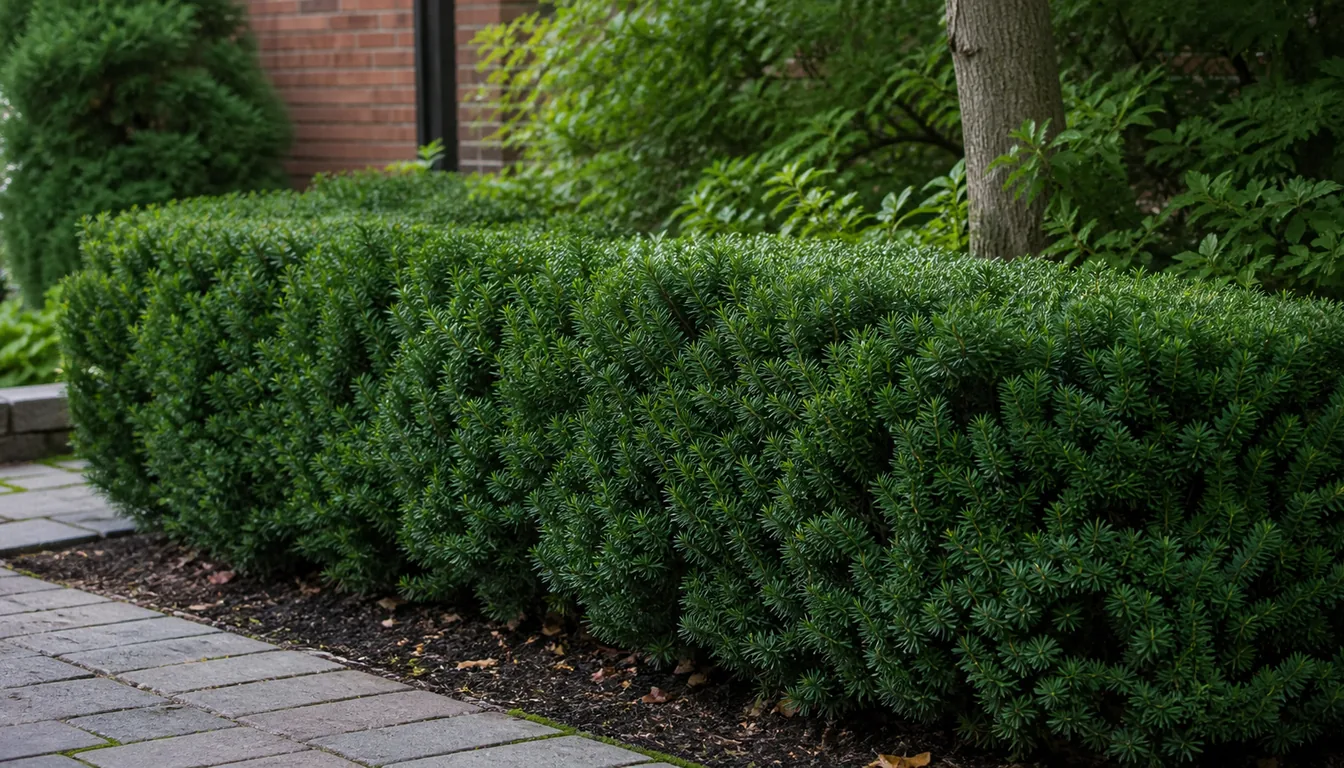 Dense yew evergreen hedge with dark needles in a shaded foundation bed