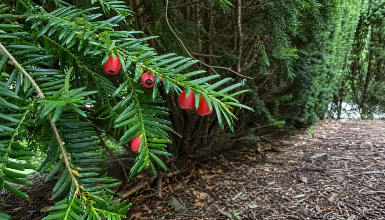 Close view of yew needles and red arils on an evergreen branch