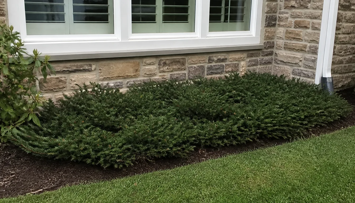 A low spreading yew much wider than it is tall running along a foundation bed well below the window sill