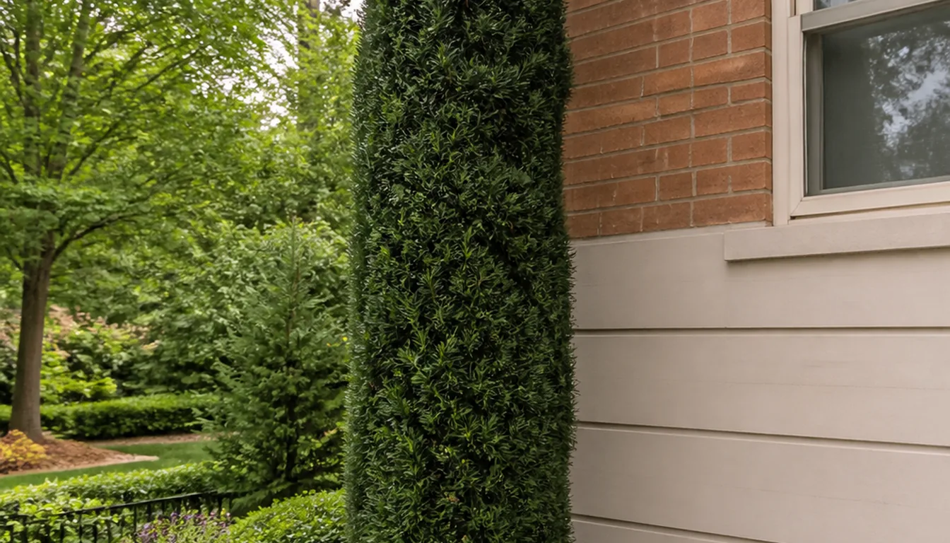A narrow columnar yew growing straight up at a house corner, far taller than it is wide