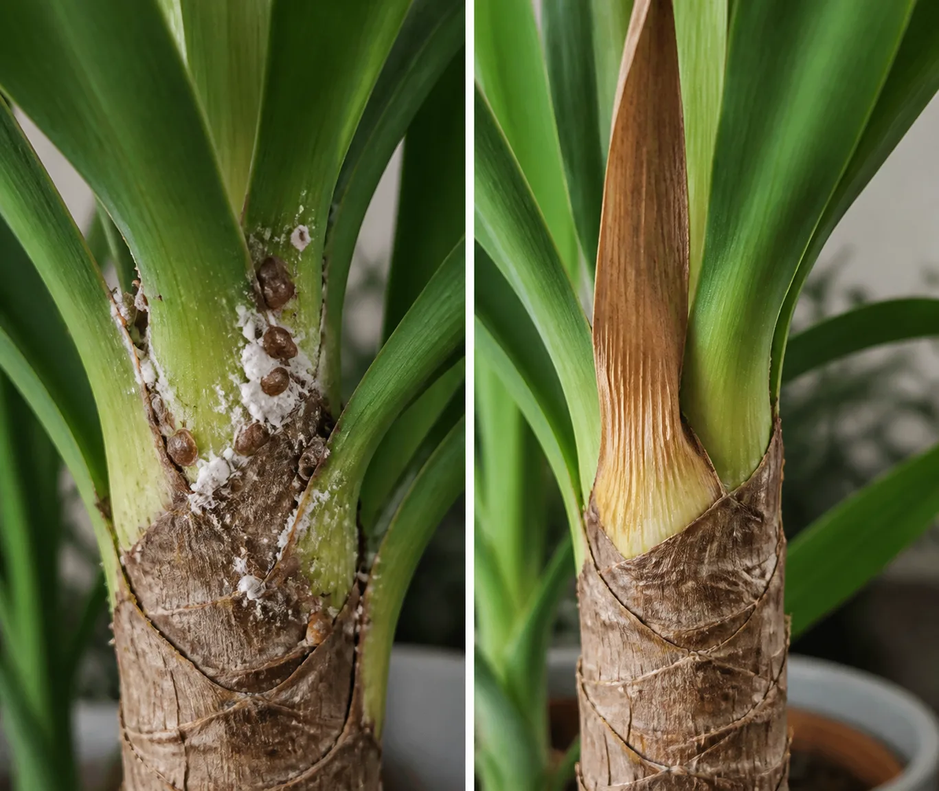 Side-by-side comparison of a Yucca Cane leaf-to-trunk joint showing hard brown scale insects and white cottony mealybug clusters on the left versus a normal dry brown leaf tip from natural aging with no insects on the right