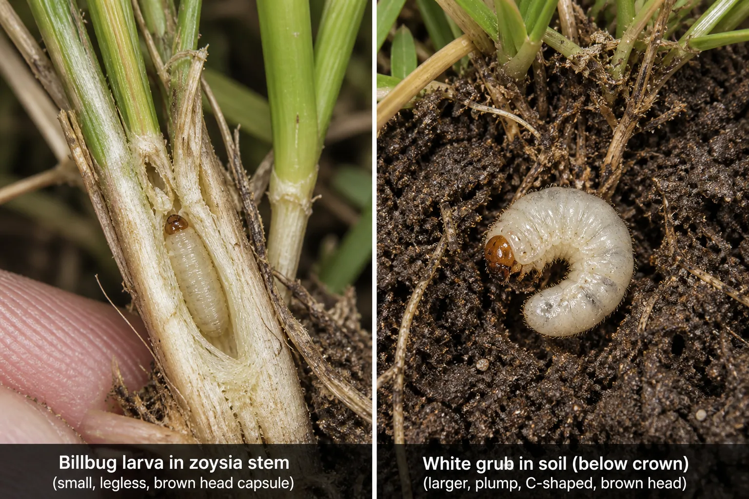Close comparison of a small legless billbug larva inside a zoysia stem beside a larger C-shaped white grub in the soil below zoysia roots