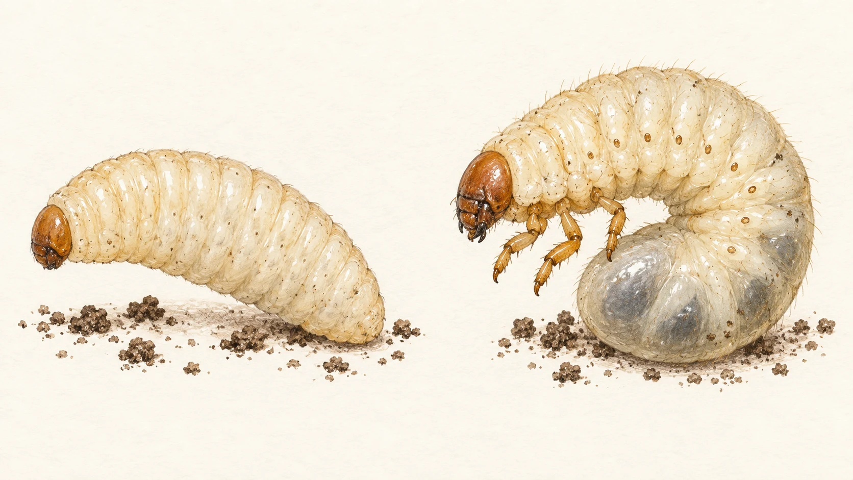 Illustration of a legless cream-colored billbug larva beside a C-shaped white grub with legs near its head