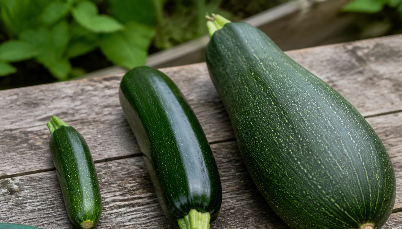 Small, tender-size, and oversized green zucchini arranged side by side for harvest comparison