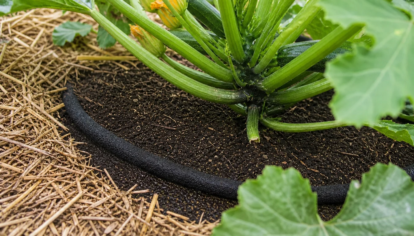 Soaker hose wetting dark soil around a zucchini root zone with straw mulch pulled away from the crown