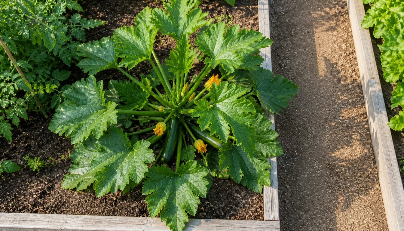 Overhead view of one mature bush zucchini filling a raised bed beside an open access path