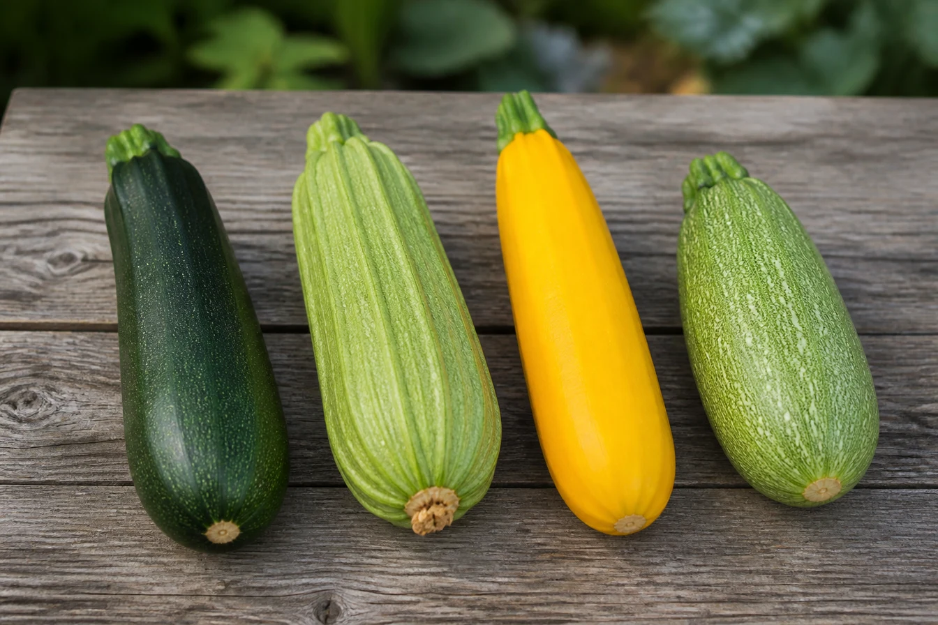 Four zucchini fruit types on a wooden table including dark green, ribbed pale green, yellow, and speckled light green varieties