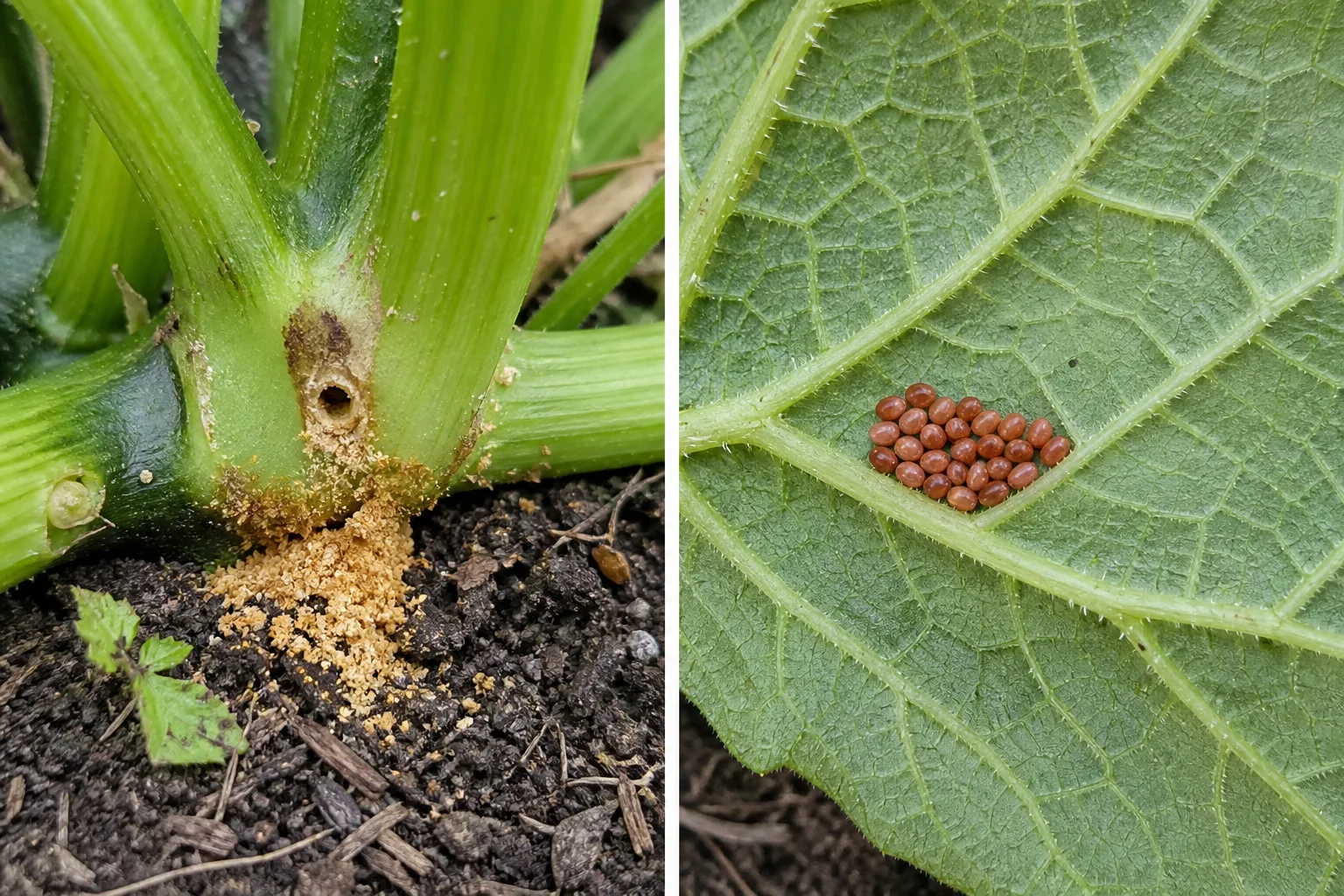 Side-by-side comparison of zucchini pest signs showing a squash vine borer entry hole with sawdust-like frass at the stem base on the left versus a cluster of small copper-colored squash bug eggs on the underside of a leaf on the right