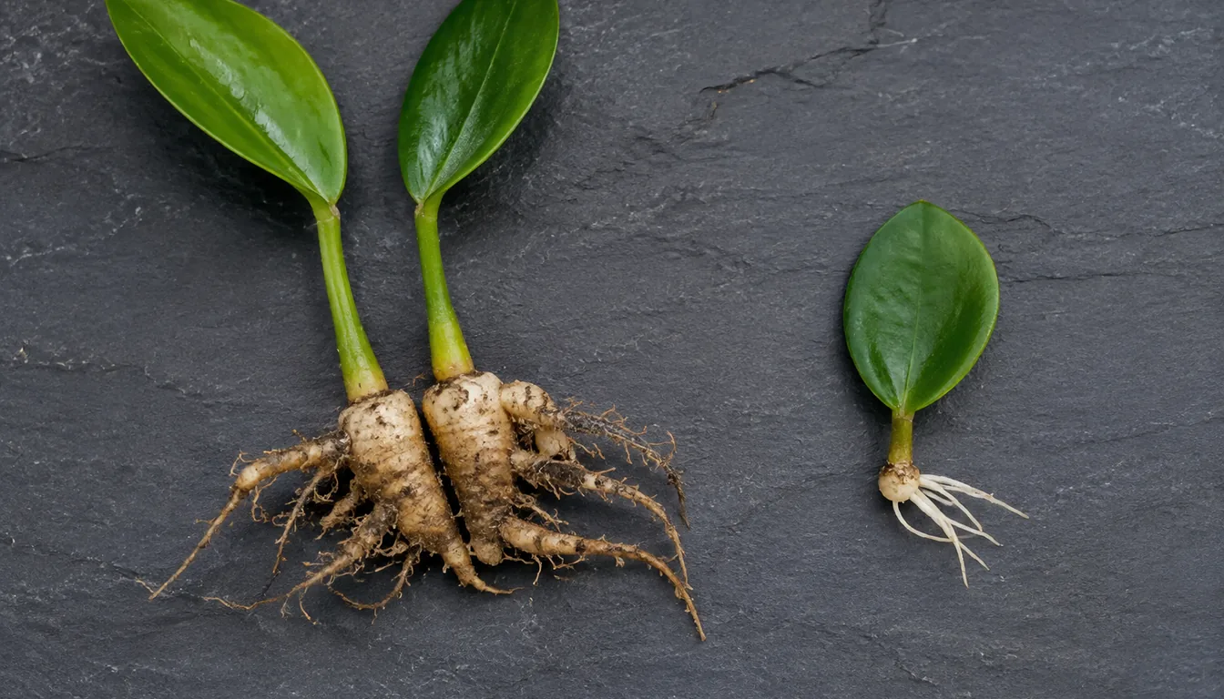 A divided clump of pale fleshy ZZ plant rhizomes with roots and two green stalks attached, beside a single glossy leaflet that has formed a small pale tuber and a few fine white roots at the base of its stalk