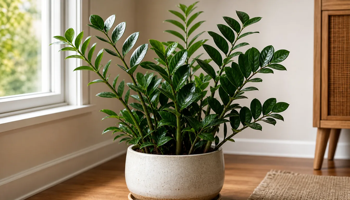 Mature green ZZ Plant forming an upright clump of glossy compound leaves