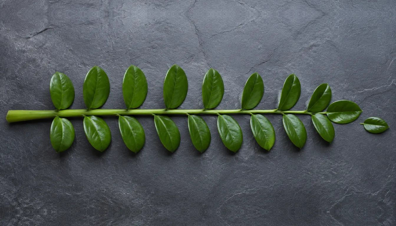One entire ZZ plant leaf laid flat on dark slate, a single thick stalk broad at the base and tapering toward the tip with matched pairs of glossy oval leaflets along both sides, beside one detached leaflet
