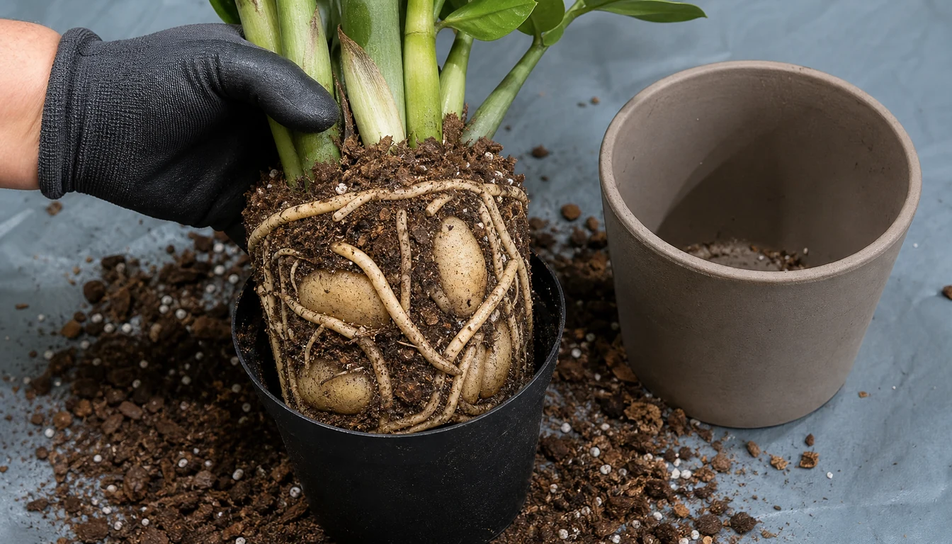 Firm pale ZZ Plant rhizomes and thick roots crowding a snug nursery pot