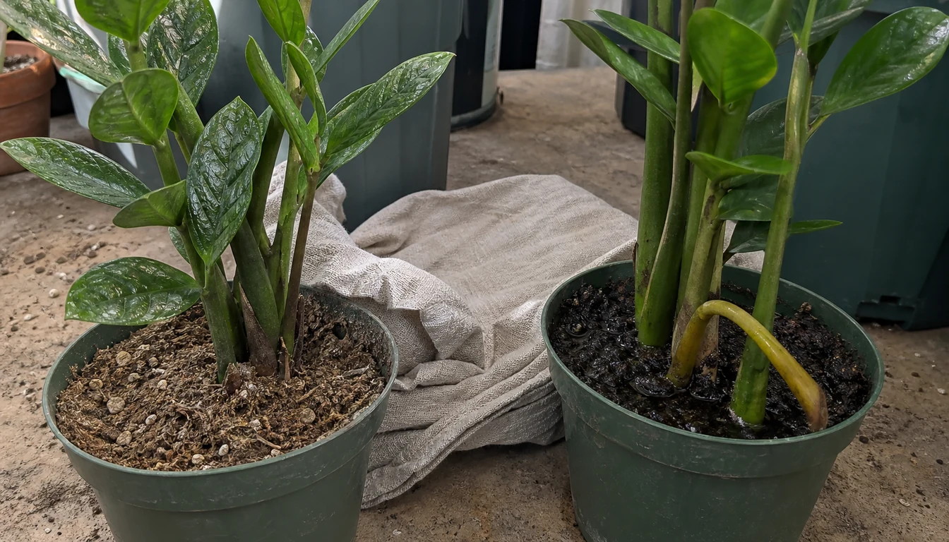 Dry ZZ Plant with puckered leaflets beside a wet pot with one soft yellow stalk