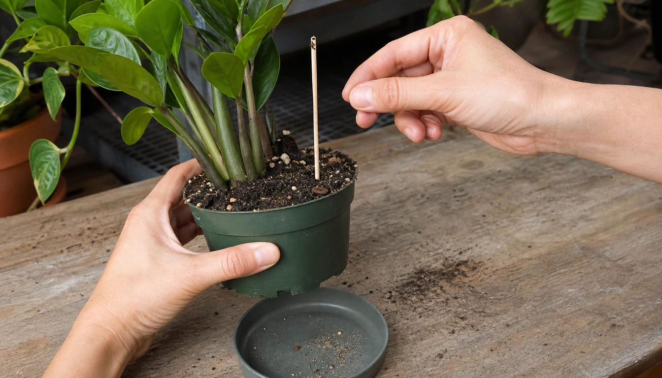Hand lifting a ZZ Plant nursery pot while a wooden skewer checks the mix near the center