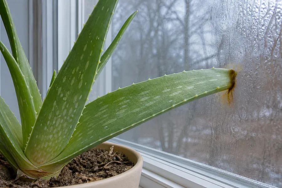 A potted Aloe Vera at a winter window with one leaf tip browned and darkened exactly where it touches the condensation-covered glass, dry crumbly soil in the pot and bare trees outside