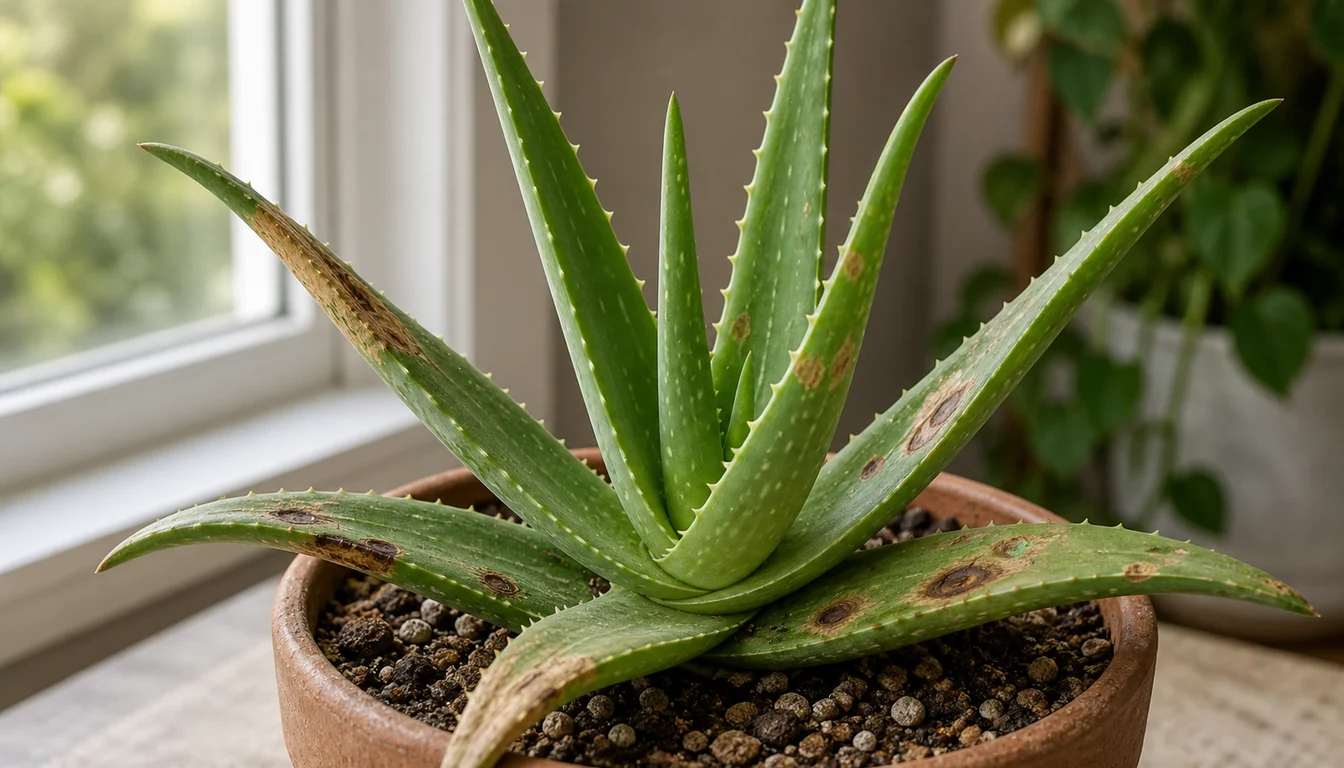 Aloe Vera in a terracotta pot beside a window, showing dry straw-tan scorch along several outer leaf tips and round brown spots with darker centers across the leaf faces