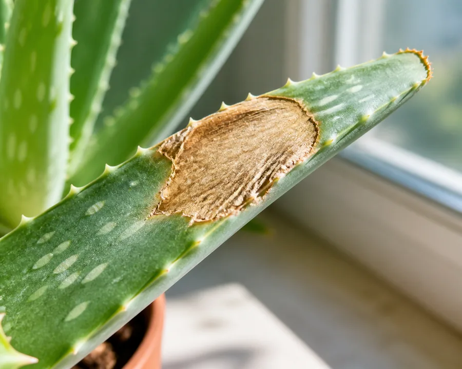 One Aloe Vera leaf on a windowsill with a large dry tan patch of cracked papery skin on its upper face, the flesh around it still plump, green and pale-spotted