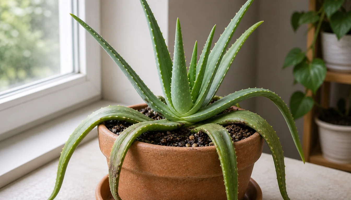 Aloe Vera in a terracotta pot beside a window with its outer leaves folded down over the pot rim and hanging past the saucer, while the centre of the rosette still stands upright