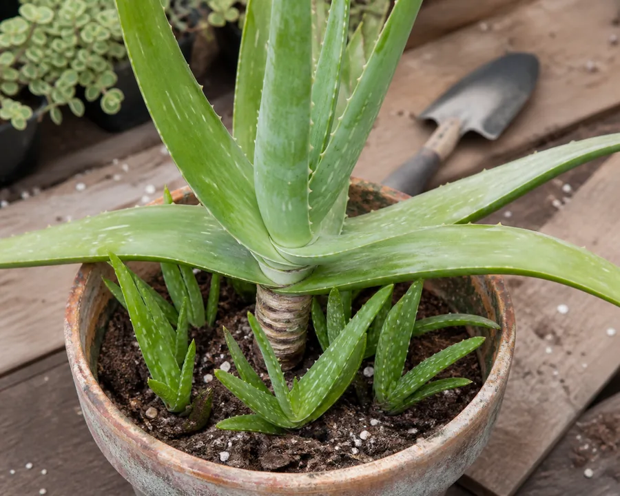 An older Aloe Vera in a terracotta pot showing a bare woody stem beneath the rosette and several offsets crowding the soil around it, with the outer leaves splaying flat outward while staying plump