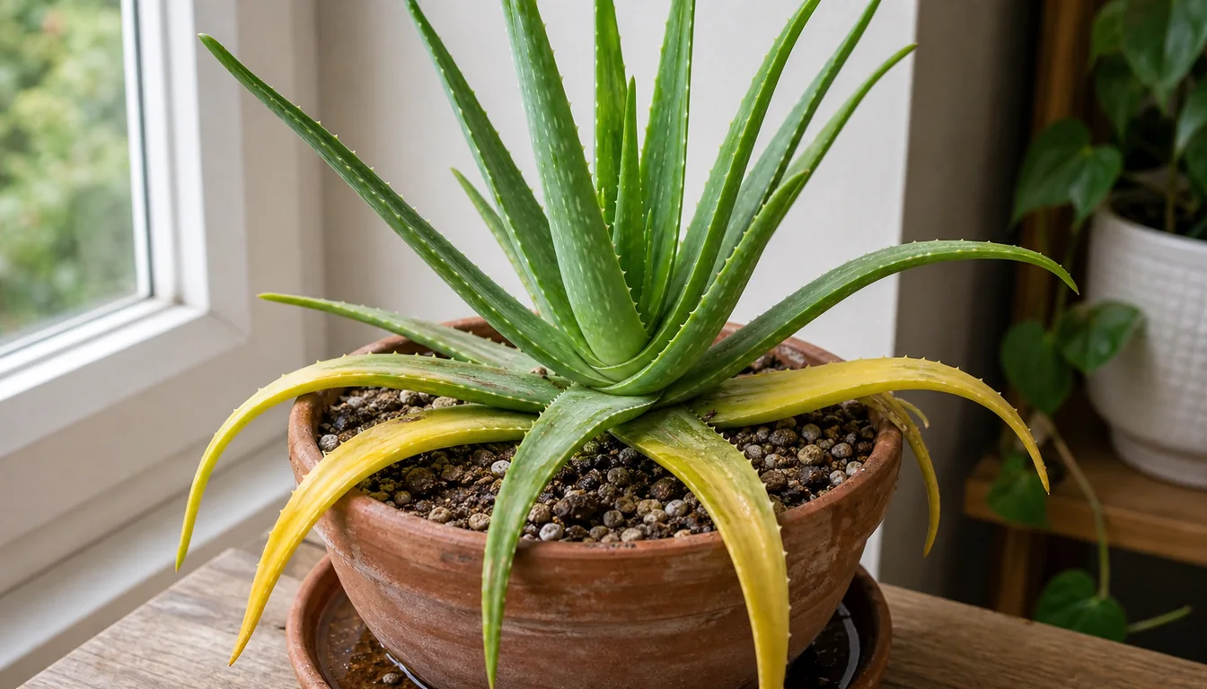 Potted Aloe Vera beside a window with its two lowest outer leaves gone yellow while the centre of the rosette stays firm and green
