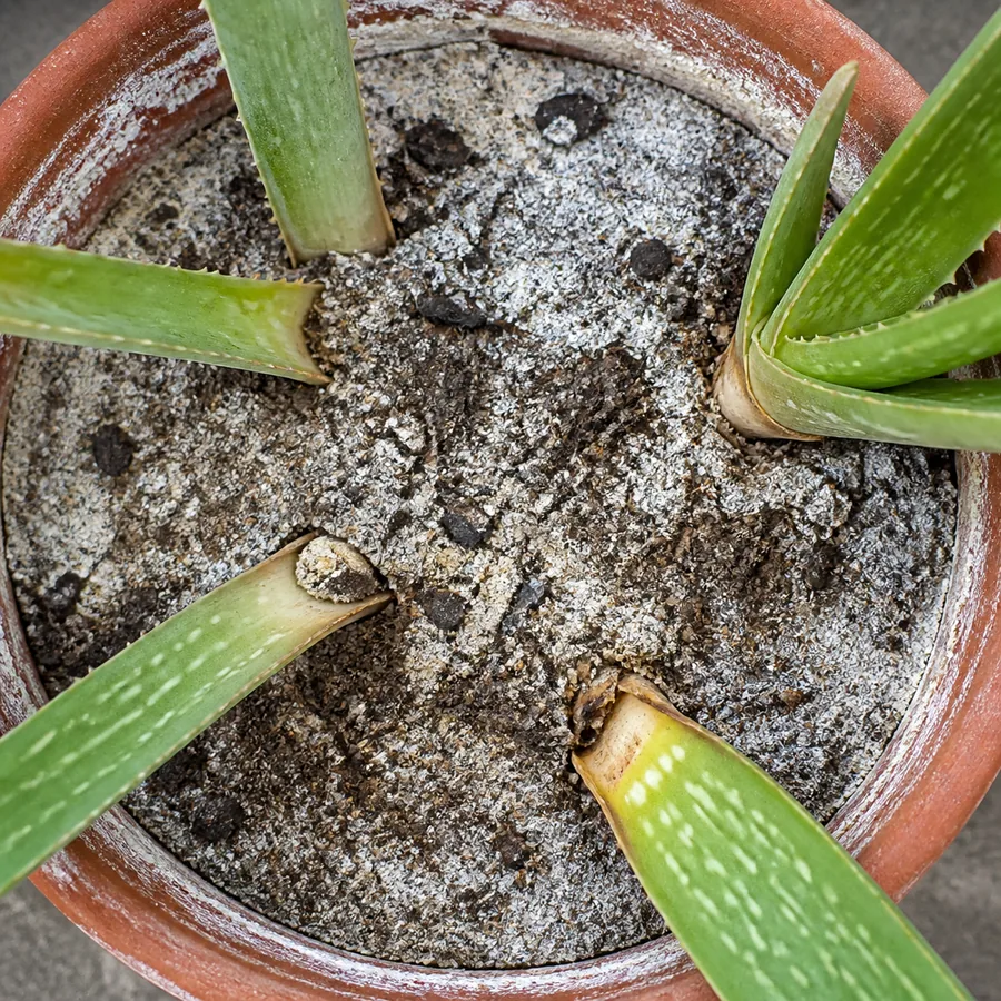 Overhead view of an Aloe Vera pot with a heavy white mineral crust across the soil surface and up the inside of the terracotta rim, and one lower leaf yellowing at its base