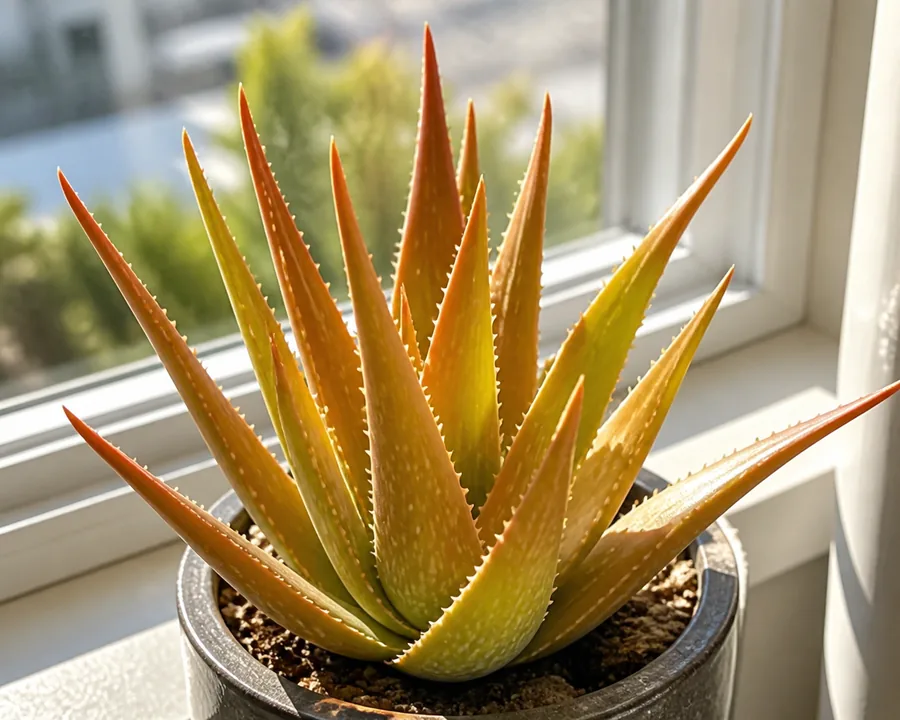 An Aloe Vera on a sunny windowsill with every leaf flushed yellow-orange and tipped in red, all of them still thick and standing upright