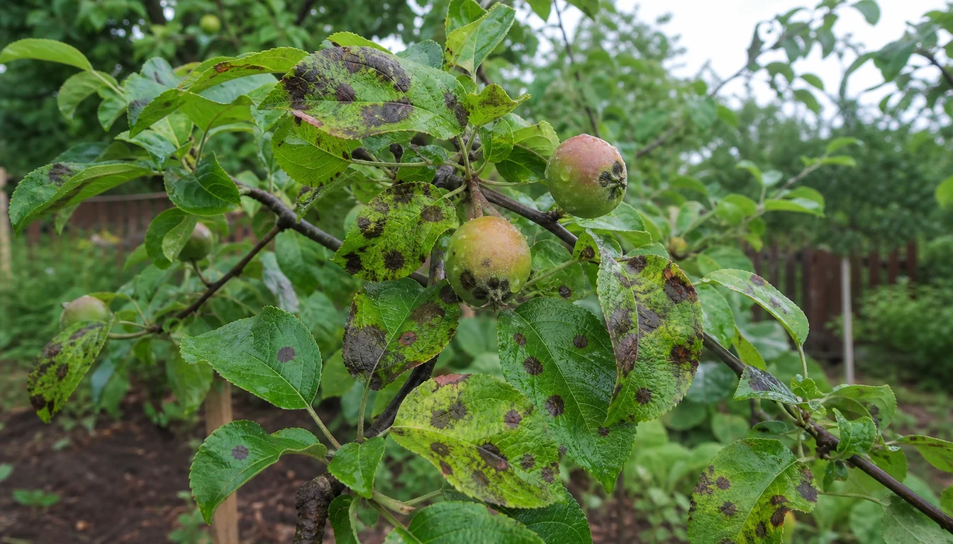 Apple branch with serrated green leaves carrying dark olive-brown fungal blotches, beside young fruit showing rough scabbed patches