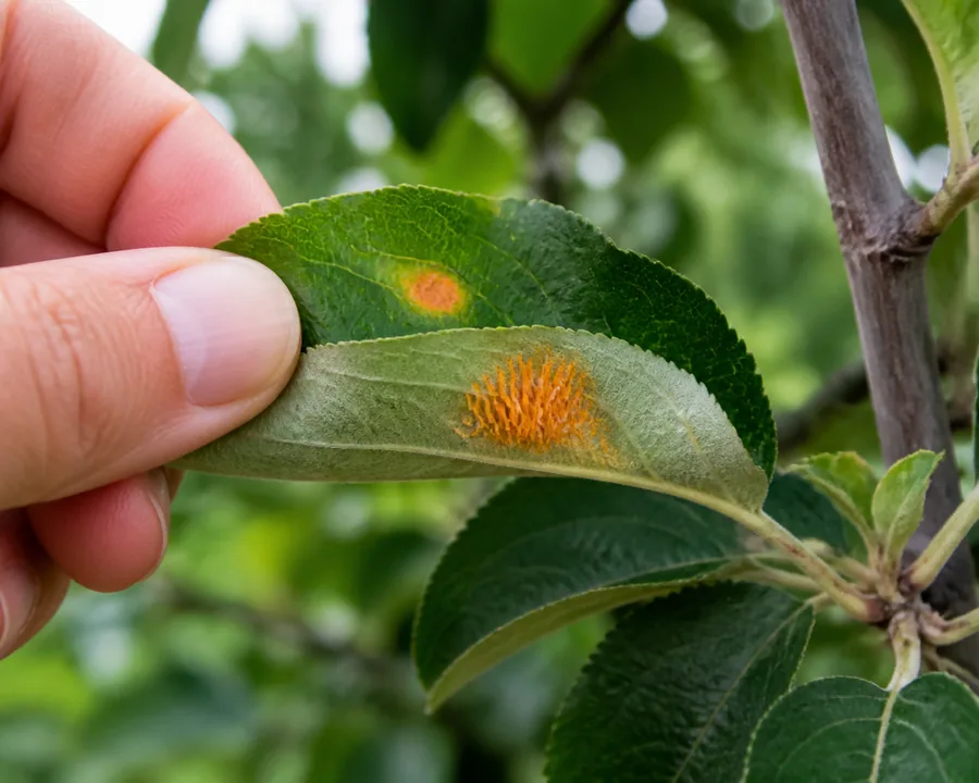 A hand folding an apple leaf to show both faces at once, with a smooth orange lesion ringed in yellow on the upper surface and a dense cluster of raised orange tube-like structures directly beneath it