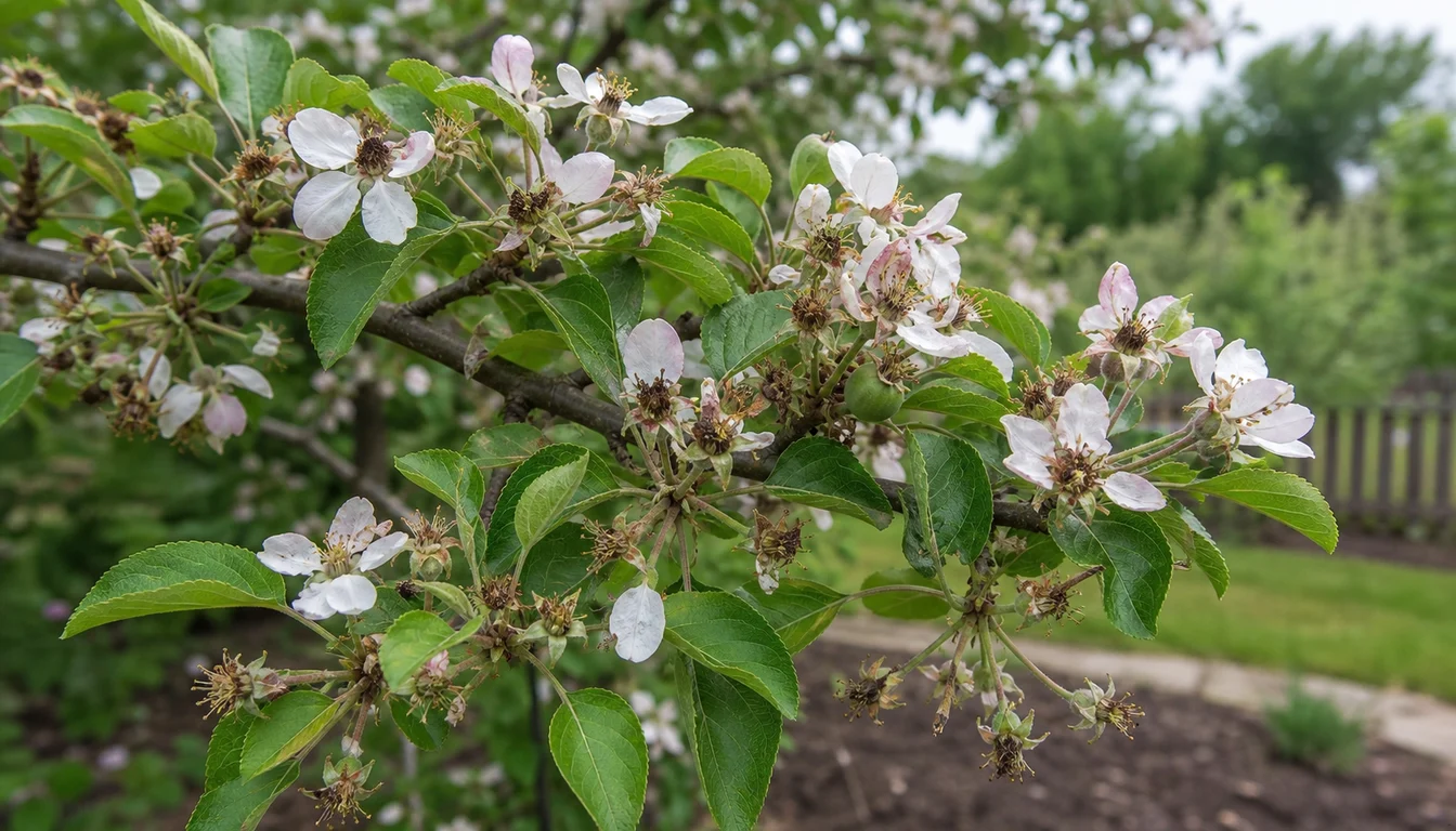 Apple branch just after petal fall with spent white blossoms still attached, most flower centers empty, and only one or two tiny green fruitlets forming