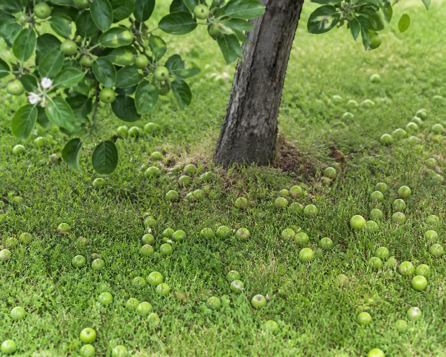 Dozens of marble-sized firm green apple fruitlets scattered across the grass at the base of an apple trunk, with the tree above still carrying plenty of small green apples