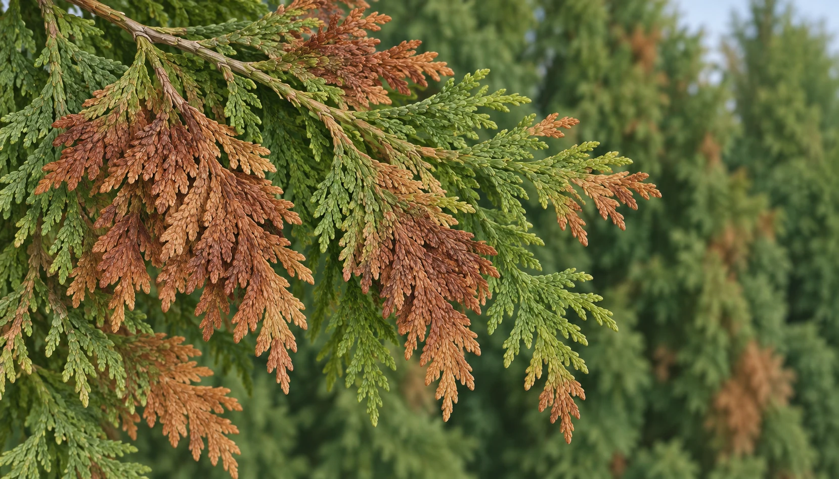 Botanical illustration of flattened arborvitae sprays with irregular bronze-brown foliage beside green scale leaves
