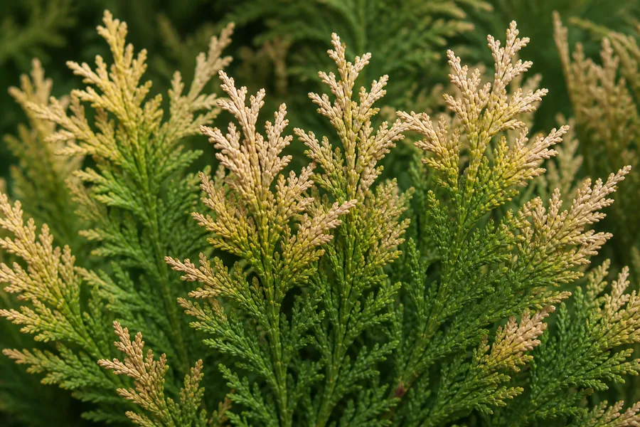 Close view of arborvitae sprays with bleached cream tips grading through yellow to green at the base of each spray