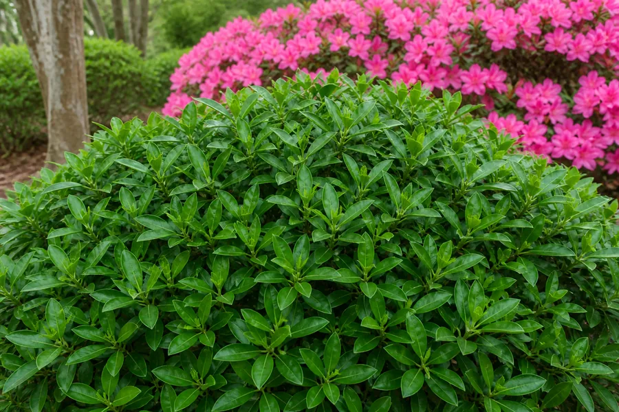 A dense healthy azalea covered in green leaves and carrying no flowers, with another azalea in full bloom behind it