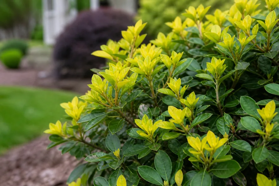 An azalea whose newest outer leaves are bright yellow while the older leaves deeper in the shrub stay dark green