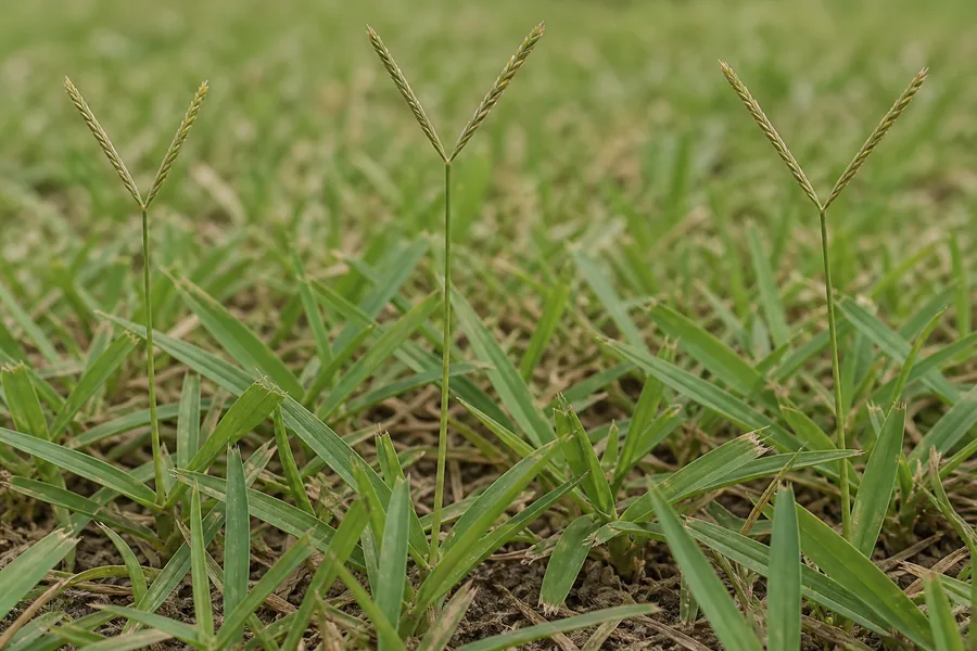 Close view at grass level of bahiagrass with wide coarse flat blades, visible gaps between plants, and tall seedhead stems each splitting into a narrow V of two spikes