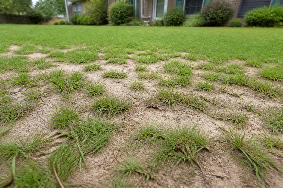 A patchy bahiagrass lawn with bare sandy soil showing between coarse open clumps of grass